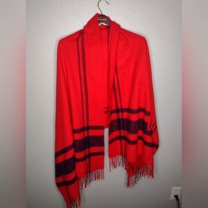 J Crew Factory Wrap Cape Shawl Poncho Wool Plaid  Arm Holes Red Preppy HH